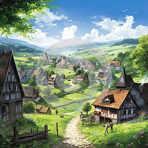 A picturesque village in a lush hilly grassy landscape