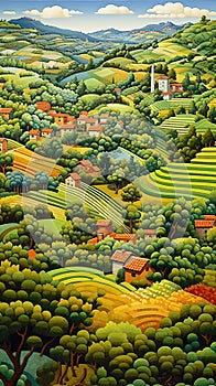A picturesque village in a lush hilly grassy landscape