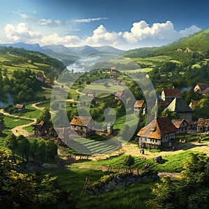 A picturesque village in a lush hilly grassy landscape