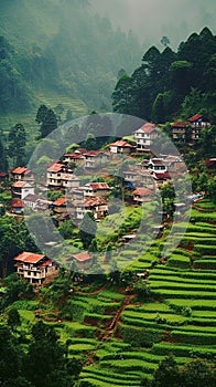 A picturesque village in a lush hilly grassy landscape