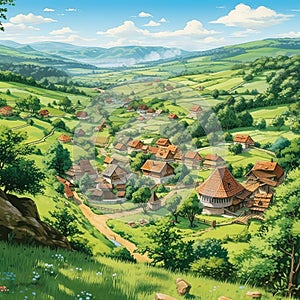 A picturesque village in a lush hilly grassy landscape