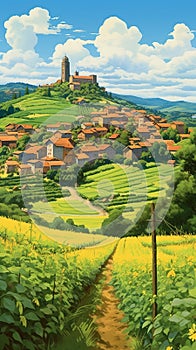 A picturesque village in a lush hilly grassy landscape