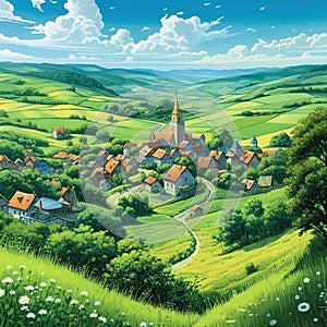 A picturesque village in a lush hilly grassy landscape