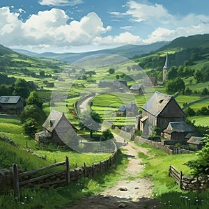 A picturesque village in a lush hilly grassy landscape