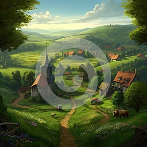 A picturesque village in a lush hilly grassy landscape