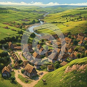 A picturesque village in a lush hilly grassy landscape