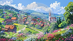 A picturesque village nestled in a valley, surrounded by lush green hills and blooming wildflowers under a bright blue sky photo