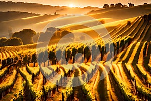 A picturesque vineyard on rolling hills, bathed in the golden light of a setting sun, ready for harvest