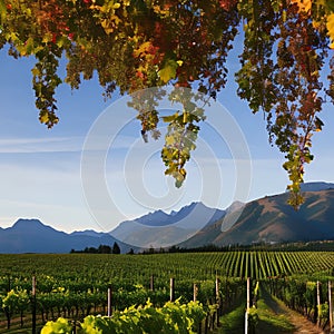 A picturesque vineyard with rows of grapevines and a mountain range in the distance1, Generative AI