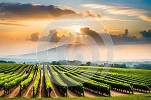 A picturesque vineyard with rows of grapevines stretching towards the horizon under a vibrant blue sky