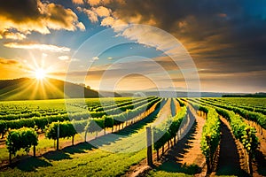 A picturesque vineyard with rows of grapevines stretching towards the horizon under a vibrant blue sky