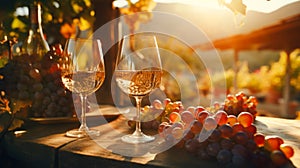 A picturesque vineyard scene where glasses of exquisite wine are enjoyed amidst the rolling vine-covered hills. The atmosphere is
