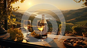 A picturesque vineyard scene where glasses of exquisite wine are enjoyed amidst the rolling vine-covered hills. The atmosphere is