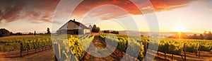 A Picturesque Vineyard With A Softly Blurred Sunset Sky. Banner For Web. Generative AI