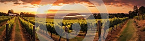 A Picturesque Vineyard With A Softly Blurred Sunset Sky. Banner For Web. Generative AI