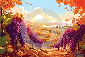 A picturesque vineyard with vines bearing clusters of ripe grapes vector fall background