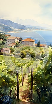 Picturesque Vineyard: Watercolor Painting Of Lush Grapevines And Rolling Hills
