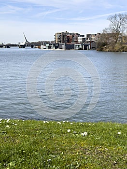 Picturesque vista unfolds over the river, capturing the Prins Clausbrug bridge and the housing development of Stadswerven in photo