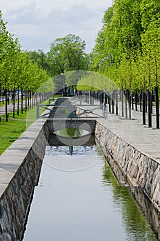 Picturesque water canal in spring time Kadriorg park, Tallinn, E