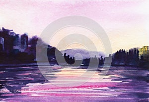 Picturesque watercolor landscape of peaceful lake coast in forest during beautiful sunset. Tender pink sky, glowing sunlight on