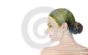 Picturesque waterfall and beautiful woman on background, space for text. Double exposure