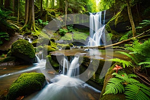 A picturesque waterfall cascading down into a moss-covered pool