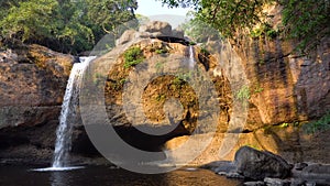 Picturesque Waterfall at Evening Time Falls in Pool in Khao Yai National Park, Thailand.