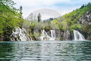 Picturesque waterfall in the Plitvice national park in Croatia