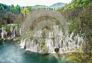 Picturesque waterfall in the Plitvice national park in Croatia