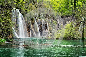 Picturesque waterfall in the Plitvice national park in Croatia