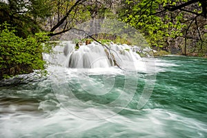 Picturesque waterfall in the Plitvice national park in Croatia