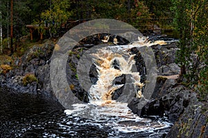 Picturesque waterfall in Ruskeala in autumn, Karelia, Russia