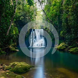 Picturesque waterfall surrounded by dense foliage in a tranquil forest