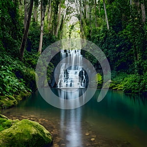 Picturesque waterfall surrounded by dense foliage in a tranquil forest