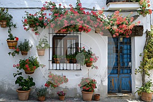 A picturesque white building featuring a striking blue door and window, exuding charm and tranquility in a Spanish vacation home