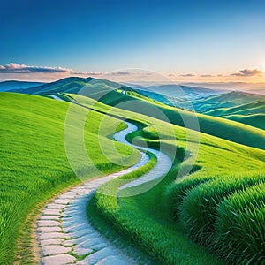 picturesque winding path through green grass in hilly areat under the blue