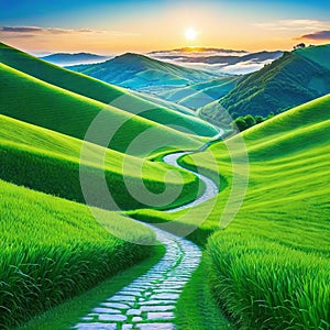 picturesque winding path through green grass in hilly areat under the blue