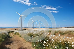 Picturesque windmills in a vast field under a clear, sunny sky on a beautiful day