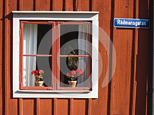 Picturesque window with flowers. Linkoping. Sweden