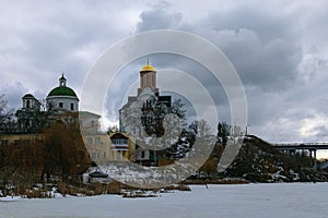 Picturesque winter landscape view of Church of St. George and Church of St. Ivan the Baptist in Bila Tserkva