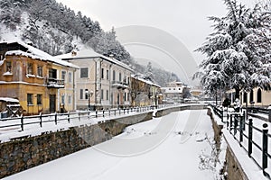 Picturesque winter scene by the frozen river of Florina, a small town in northern Greece