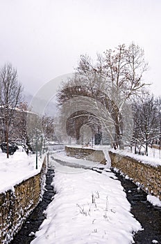 Picturesque winter scene by the river of Florina, a small town in northern Greece