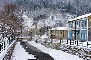 Picturesque winter scene by the river of Florina, a small town in northern Greece