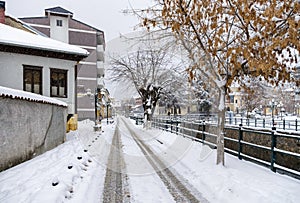 Picturesque winter scene by the river of Florina, a small town in northern Greece