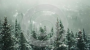 A picturesque winter scene showcasing a dense forest covered in a blanket of snow, A blizzard obscuring the view of a once vivid