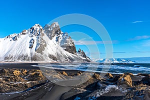 Picturesque winter view of Black sand beach and Vestrahorn in Stokksnes, Iceland