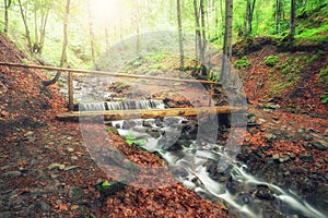 Picturesque wooden bridge across a stream in the middle of a deciduous green summer forest. Crossing a small river. Spring