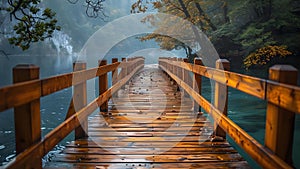 Picturesque wooden walkway by the water provides a serene setting for leisurely strolls. Concept