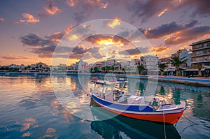 The pictursque port of Sitia, Crete, Greece at sunset. Sitia is a traditional town at the east Crete near the beach of palm trees,