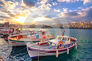 The pictursque port of Sitia, Crete, Greece at sunset. Sitia is a traditional town at the east Crete.